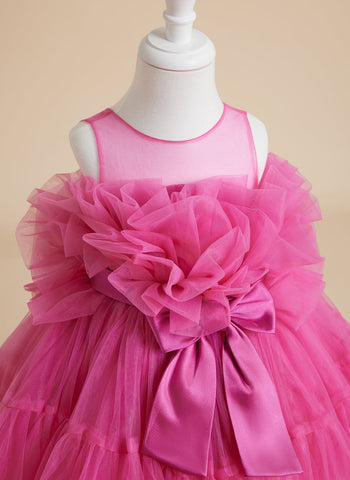 Enchanting Pink Princess Sleeveless Tulle Flower Girl Dress with Bow Accent (010224355)