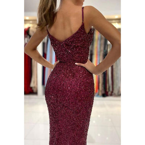 Robe de bal sirène à bretelles spaghetti et paillettes bordeaux pour femme 
