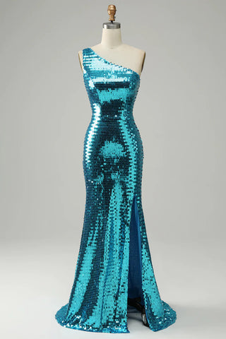 Robe de bal longue asymétrique à sequins dorés scintillants et fente