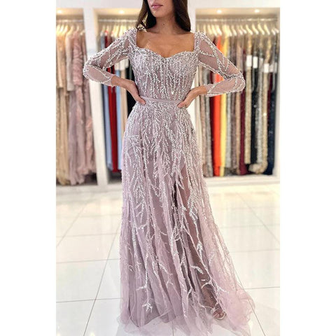 Robe de bal de fin d'année élégante, à manches longues, style sirène scintillante et spectaculaire, avec plumes