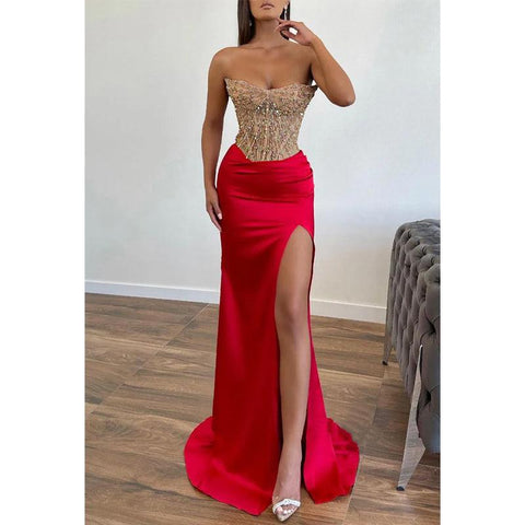 Vestido de noche para fiesta, graduación, sin tirantes, ajustado, con apliques de cuentas y abertura lateral 