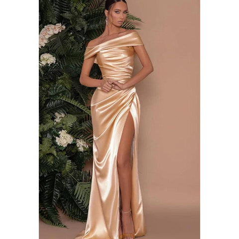 Sheath/Column Off-Shoulder Satin Pleats Split Sleeveless Prom Dress