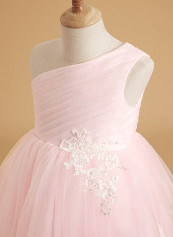 Enchanted Blush A-Line Princess Flower Girl Dress | One-Shoulder Tulle Gown with Train
