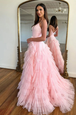 A Line Spaghetti Straps Pink Long Prom Dress with Ruffles