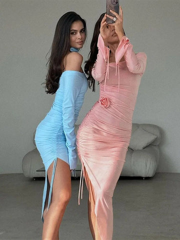 TARUXY Side Slit Pleated Mini Dress For Women Lace Up Bodycon Sexy Maxi Dresses Woman Party Temperament Evening Dress Femme 2023