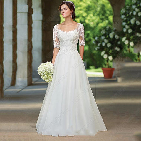 Robe de mariée en dentelle, demi-manches, Illusion de mariée, boutons au dos, grande taille, sur mesure 