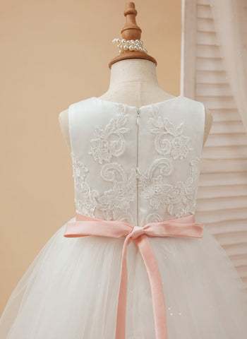 Ball-Gown/Princess Tulle Floor-length Ivory Flower Girl Dress