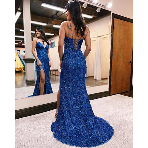 Lindos vestidos de fiesta largos de sirena con escote en V y lentejuelas azules con cuentas