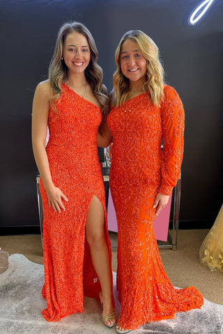 Robe de bal longue sirène à une épaule, sequins orange et manches longues