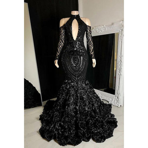 Vestido de fiesta de corte trompeta/sirena con escote en V, encaje, lentejuelas, cremallera y mangas largas para una noche negra