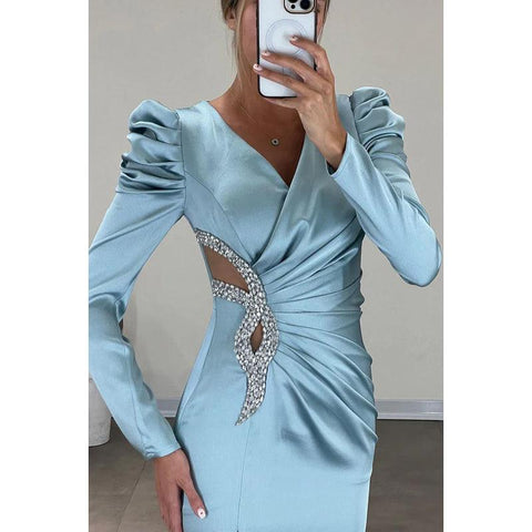 Robe de soirée simple et décontractée à manches longues et col en V avec strass