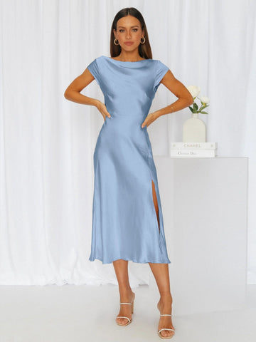 Summer Women High Fork Elegant Dress Sexy Slimming Backless Pure Satin Evening Dress