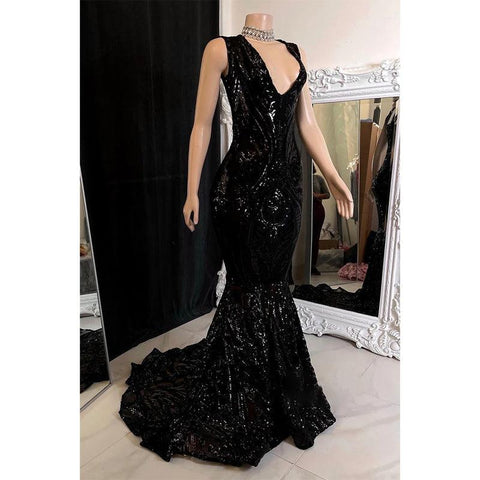 Vestido de fiesta de sirena con apliques de lentejuelas y escote en V sexy para chica negra para Slay