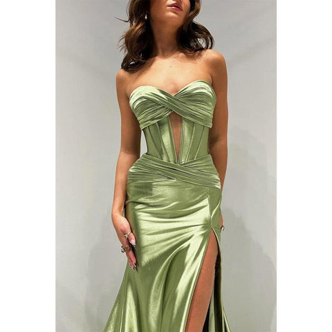 Vestido de noche para fiesta de graduación, corte trompeta, escote corazón, sin tirantes, ilusión fruncida y abertura lateral 