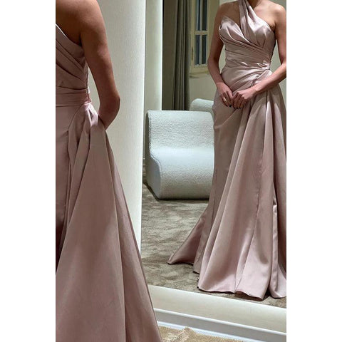 Sheath/Column One Shoulder Satin Pleats Sleeveless Party Dress