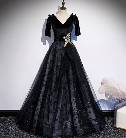 Robe de bal longue en velours noir et dentelle, robe de soirée s103