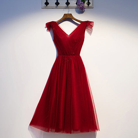 Vestido corto de tul color burdeos con escote en V para fiesta de bienvenida, talla 95