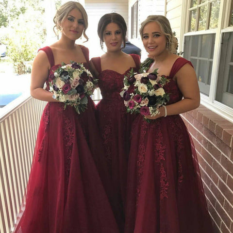 Sexy Straps Sweetheart Burgundy Bridesmaid Dresses Lace-Appliques