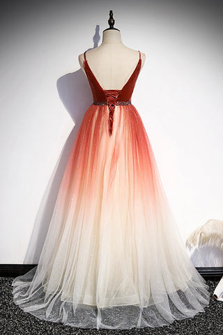 A line v neck tulle evening dress s74