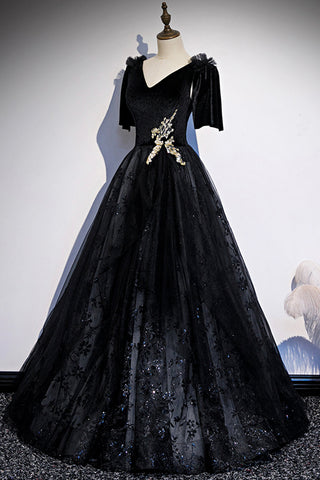 Robe de bal longue en velours noir et dentelle, robe de soirée s103
