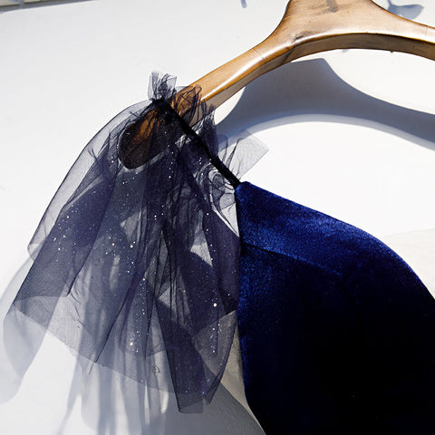 Vestido corto de fiesta de bienvenida de tul de terciopelo azul s99