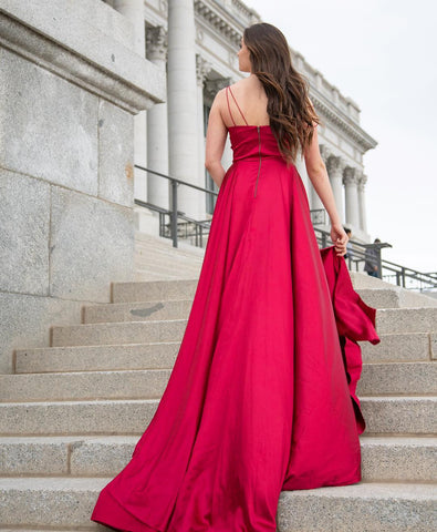 Baoleely Sexy V neck Split Backless Red Bridesmaid Dresses with pockets Dress