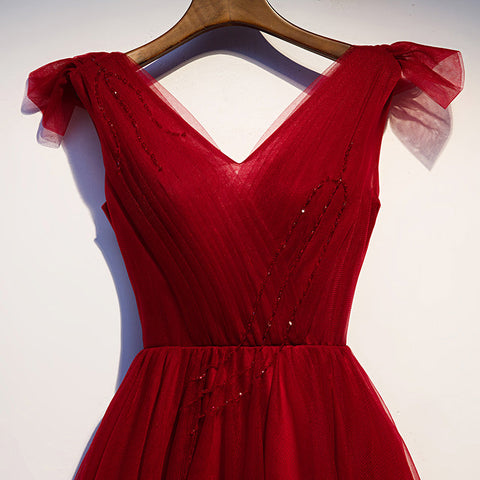 Vestido corto de tul color burdeos con escote en V para fiesta de bienvenida, talla 95