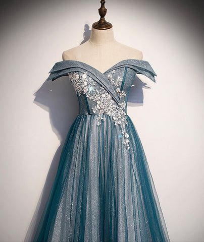 Vestido largo de fiesta azul de tul y encaje con hombros descubiertos, modelo s105