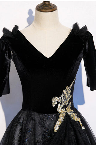 Robe de bal longue en velours noir et dentelle, robe de soirée s103