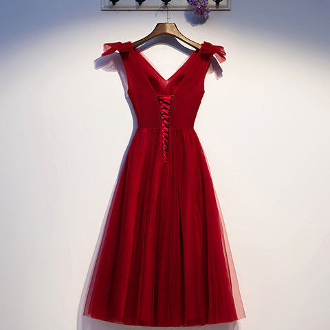 Vestido corto de tul color burdeos con escote en V para fiesta de bienvenida, talla 95