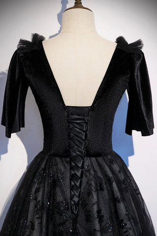 Robe de bal longue en velours noir et dentelle, robe de soirée s103
