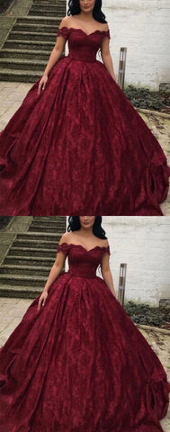 Vestido de novia de baile con encaje burdeos encantador y hombros descubiertos Y1564
