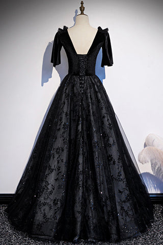 Robe de bal longue en velours noir et dentelle, robe de soirée s103