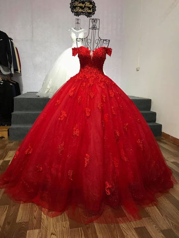 Robe de bal rouge en tulle et dentelle à épaules dénudées, modèle Sweet 16 Y1274