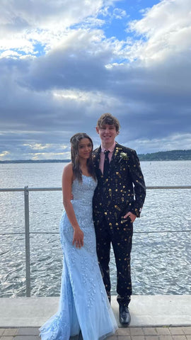 Vestido de noche largo de sirena azul bebé de encaje con tirantes finos Y1733