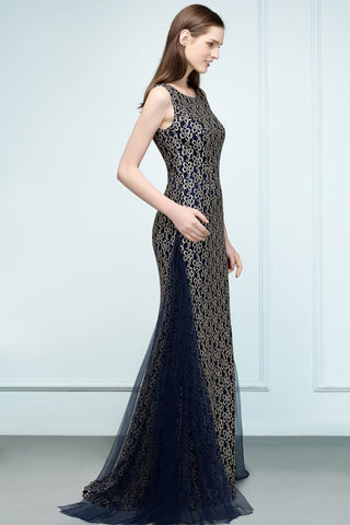 Floor Length Gold Mermaid Sleevless Crew Lace Prom Dresses