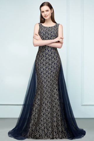 Floor Length Gold Mermaid Sleevless Crew Lace Prom Dresses