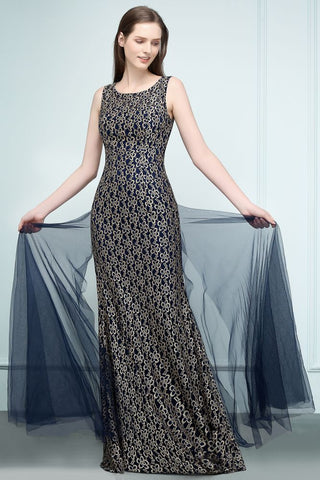 Floor Length Gold Mermaid Sleevless Crew Lace Prom Dresses