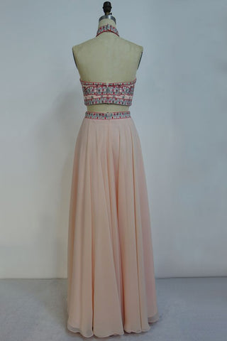 Floor Length Halter A-line Two-piece Chiffon Appliques Prom Dresses