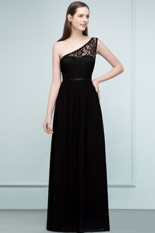 Floor Length Lace Chiffon A-line One-shoulder Bridesmaid Dresses with Sash