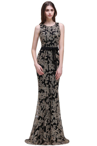 Floor-Length Sheath Round Neck Lace Evening Dresses