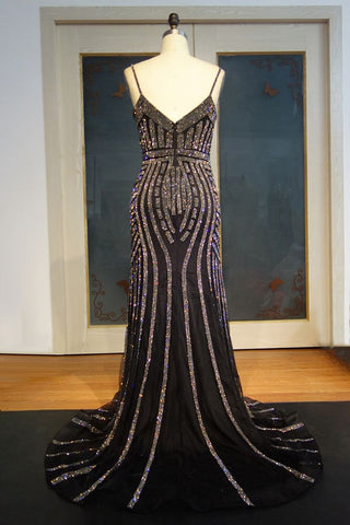 Floor Length Sheath Spaghetti Sweetheart Sequined Patterns Prom Dresses