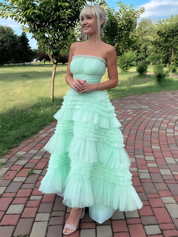 Flovencia | Robe de bal vert menthe sans bretelles en tulle à volants superposés