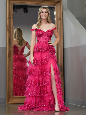 A Line Off the Shoulder Corset Prom Dress with Lace Ruffles