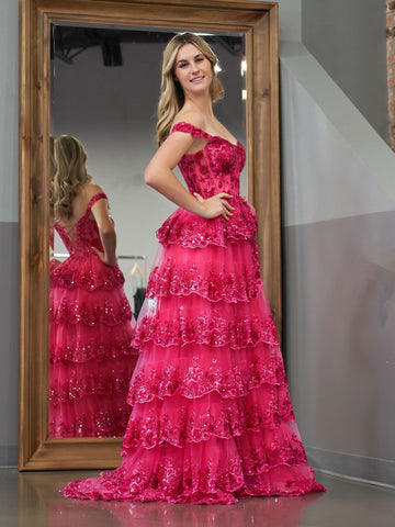 A Line Off the Shoulder Corset Prom Dress with Lace Ruffles