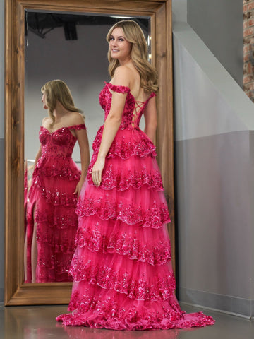 A Line Off the Shoulder Corset Prom Dress with Lace Ruffles