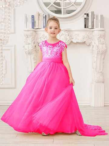 A-line Lace Tulle Sweep Train Pink Flower Girl Dress