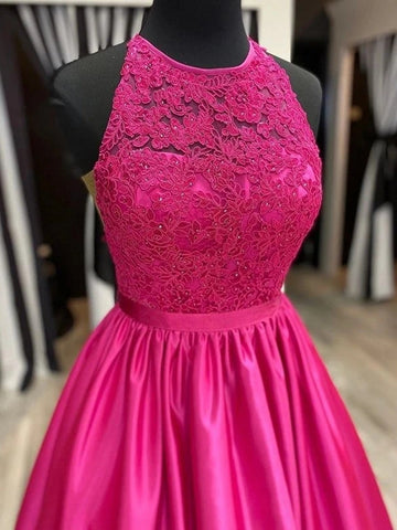 Fuscia Long A-line Halter Neck Satin Lace Formal Prom Dresses