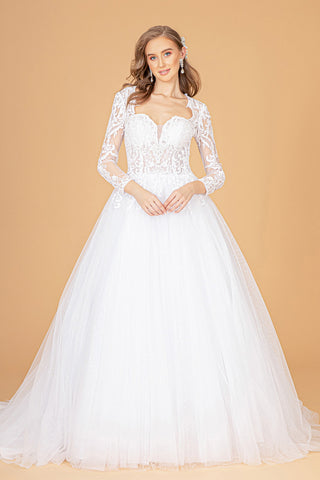 Illusion V-Neck Embroidered Mesh Long Wedding Gown