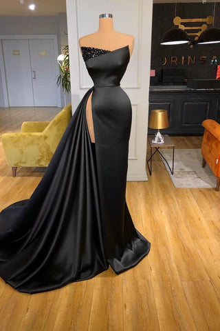 Robe de bal noire glamour avec fente et perles, robe de bal longue